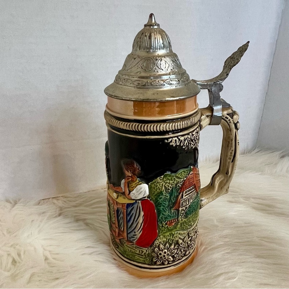 Vintage Lidded Germany Egon Bay Handarbeit‎ Beer Stein Pewter and Ceramic 9”